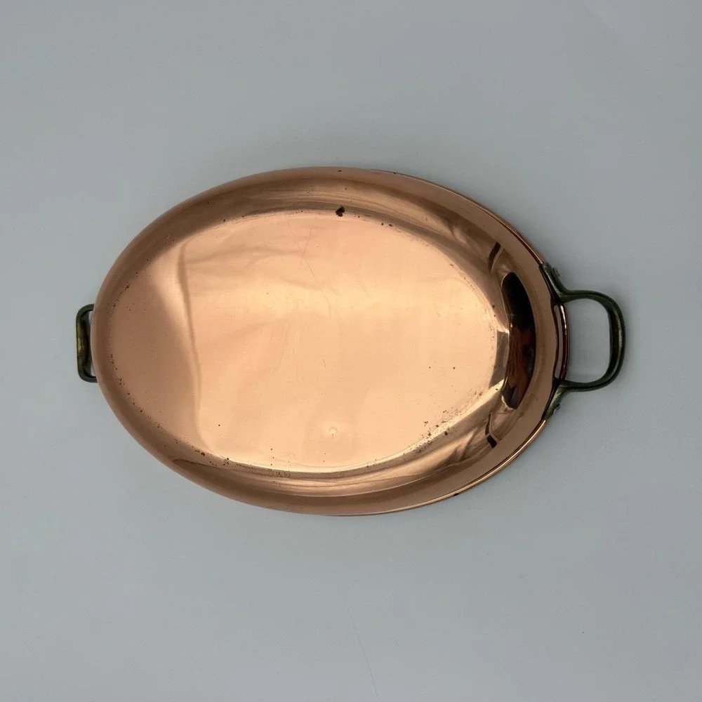 Vtg Copper Gratin Tin Lined Oval Pan Dish Cookware Brass Handles Wall Hanging